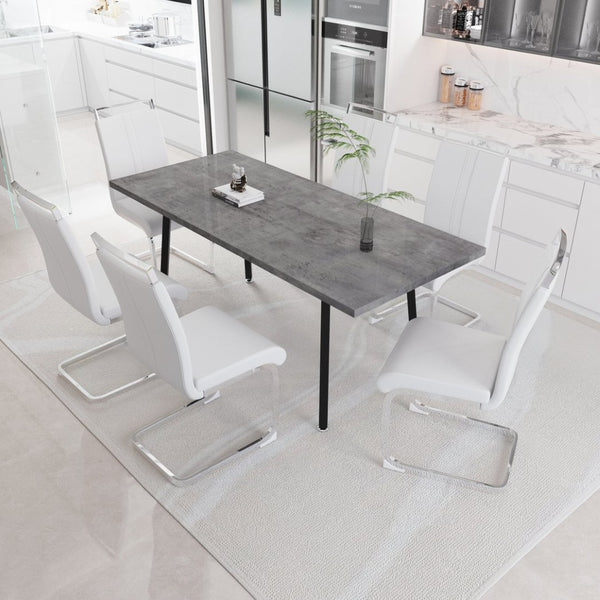 English Elm 55.12-70.87" Expandable Square Dining Set Seats Six with Cushioned Faux Leather Chairs Grey+White W2189S00907