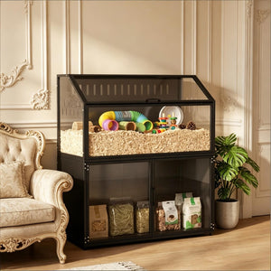 English Elm Small Pet Habitat Two-tier Steel Acrylic Enclosure with Built-in Storage Cabinet T3971P500489
