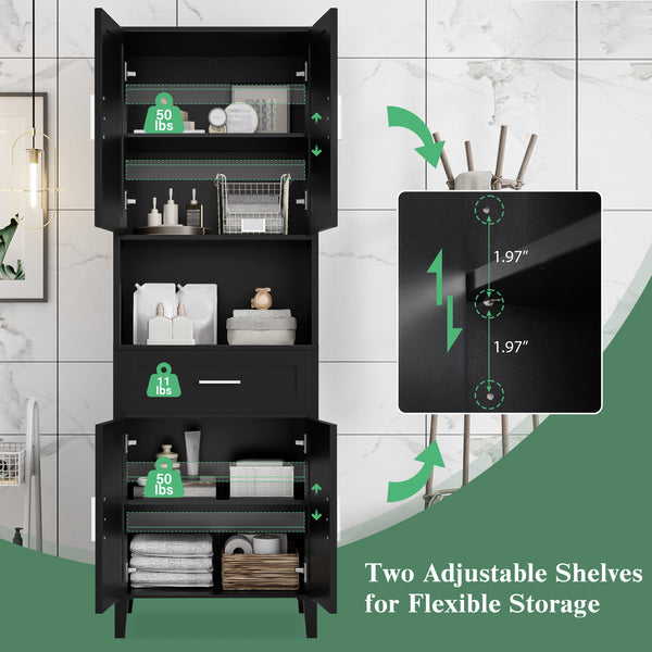 English Elm 70.9" High Freestanding Tall Bathroom Cabinet with Soft-Close Doors, Drawer & Adjustable Shelves for Organized Living Black N729P272001B