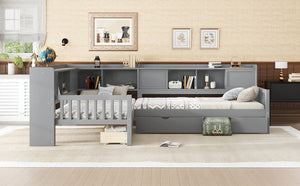 English Elm L-shaped Twin Platform Bed with Trundle, Solid Wood Corner Sleeper with Drawers, Shelves, No Box Spring Needed Grey W1580S00260