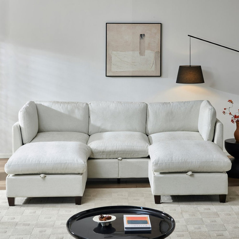 English Elm 96.5" L-shaped Chenille Sectional with Storage Ottoman Eucalyptus Frame Living Room Beige W1097S00284