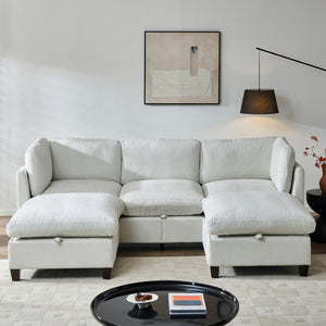 English Elm 96.5" L-shaped Chenille Sectional with Storage Ottoman Eucalyptus Frame Living Room Beige W1097S00284