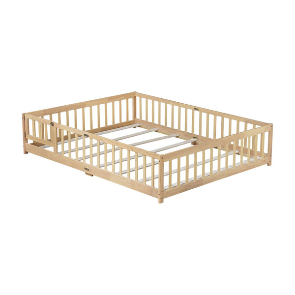 English Elm Queen Rubber Wood Floor Bed with Full Perimeter Safety Fence and Hinged Access Door Natural W504P429341