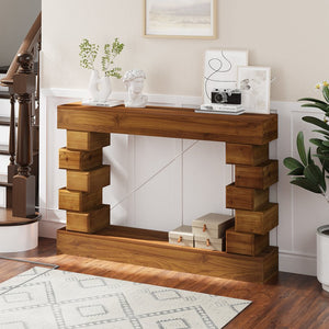 English Elm Geometric Block Stacked Wood Console Table — Modern Artful Entryway Accent with Warm Natural Finish, 50.2" L W3123P369192