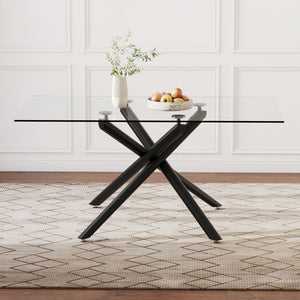 English Elm Large Modern Minimalist Rectangular Glass Dining Table For 6-8 - Stylish Black Metal Legs Included W1151S03745