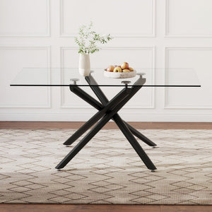 English Elm Large Tempered Glass Rectangular Dining Table Seats Six with Matte Black Metal Frame W1151S04538
