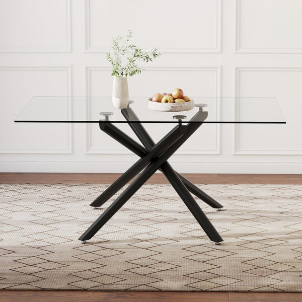 English Elm Large Tempered Glass Rectangular Dining Table Seats Six with Matte Black Metal Frame W1151S04538
