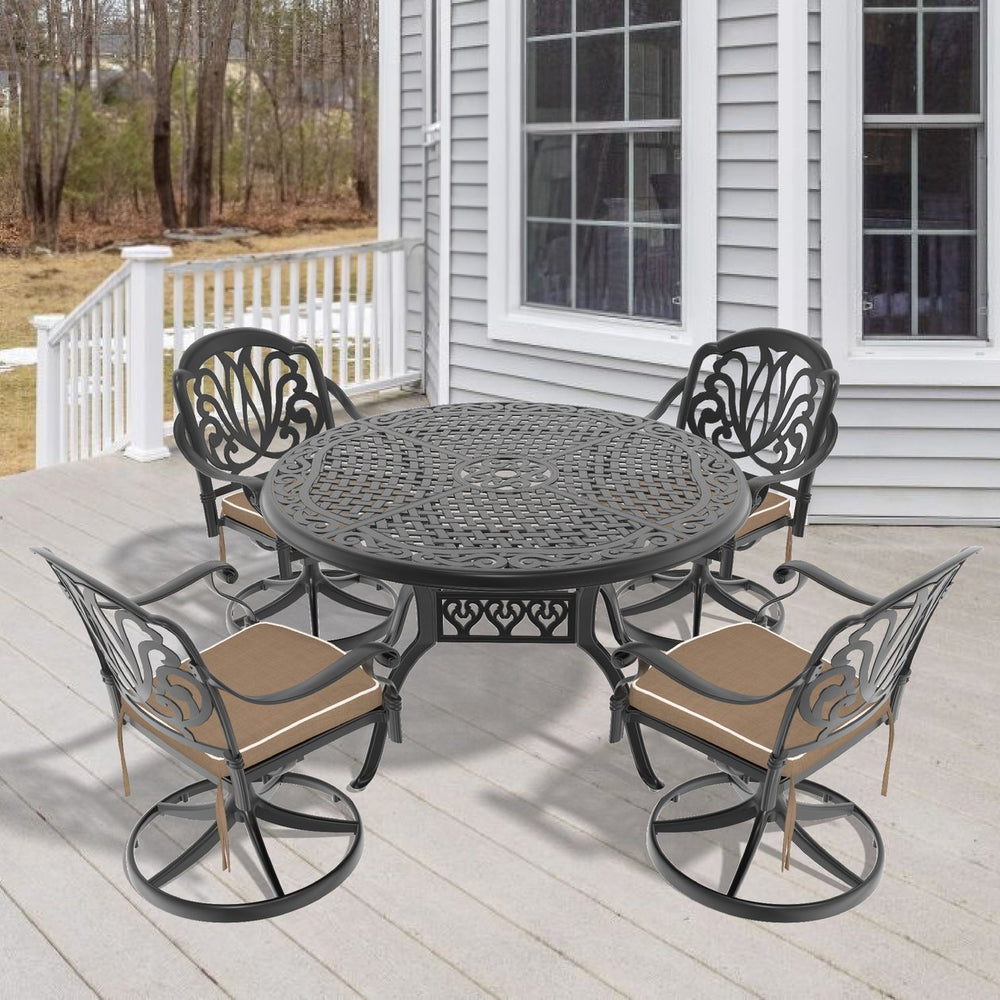 English Elm 5-Piece All-Weather Cast Aluminum Dining Set With 4 Swivel Chairs & Round Table For Any Outdoor Space W1710S00277