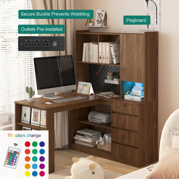 English Elm L Shaped Desk With Charging Station & Storage, Modern Corner Computer Desk For Home Office & Gaming W1321S00027