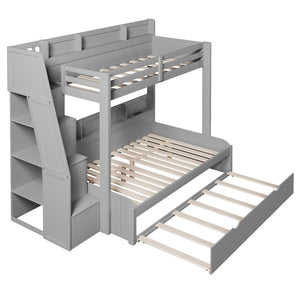 English Elm Twin Over Full Bunk Bed with Stair Drawers Shelves Led Lighting and Usb Port Grey N7090005013E