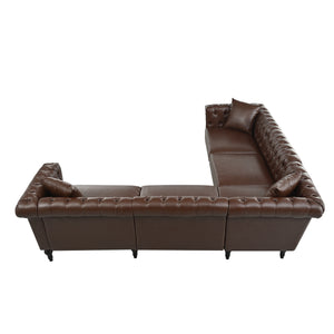 English Elm Sectional tufted Chesterfield sofa with rolled arms and nailhead trim, 5-seat reversible L-shape luxury seating for modern living spaces, durable PU leather upholstery and birch legs Dark Brown W680S00082