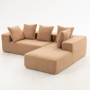 English Elm Full Foam Modular L-shaped Sectional Sofa Flannelette Upholstered with Five Throw Pillows Brown W3326S00025