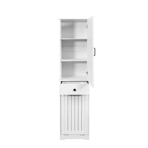 English Elm Laundry Cabinet with Drawer & Removable Basket Organizer, White Melamine Finish for Compact Spaces W331P235403