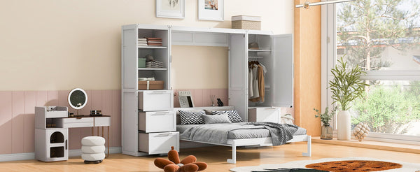 English Elm Queen Murphy Wall Bed with Wardrobe Drawers and Shelves for Studio or Guest Room White LP000865AAK-2