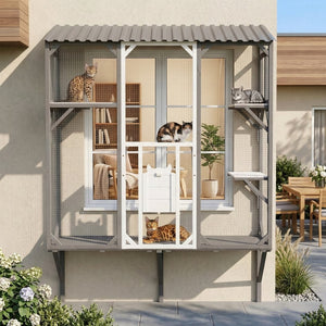 English Elm Outdoor Fir Wood Window Catio Enclosure with Four Climbing Platforms for Cats Grey,White N719P418371K