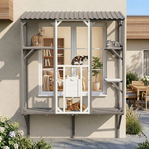 English Elm Outdoor Fir Wood Window Catio Enclosure with Four Climbing Platforms for Cats Grey,White N719P418371K