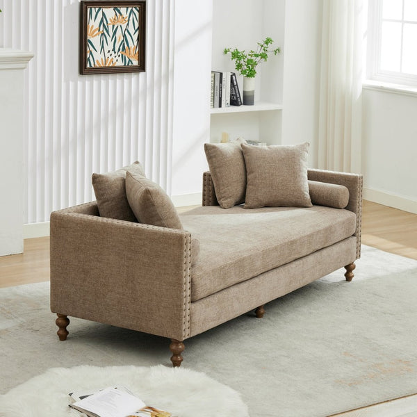 English Elm 75.2'' Chenille Upholstered Daybed Chaise with Nailhead Trim and Rubberwood Legs Taupe W3188S00057