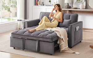 English Elm 55.1-inch Convertible Velvet Futon Sofa Bed with Storage and Adjustable Iron Frame W2564P445797