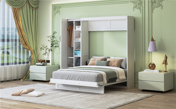 English Elm Full Size Murphy Bed with Open Shelving Wardrobe and Led Lighting for Studio Spaces White LP000898AAK-1