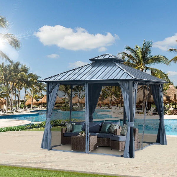 English Elm 10' Hardtop Gazebo 10' X 10' Double Roof with Skylight, Aluminum Frame, Curtains & Mosquito Netting W765S00001