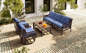 English Elm GO 4 Pieces Outdoor Acacia Wood Sofa Set with Removable Cushions, Woven Armrests & Coffee Table Blue N704G201247C