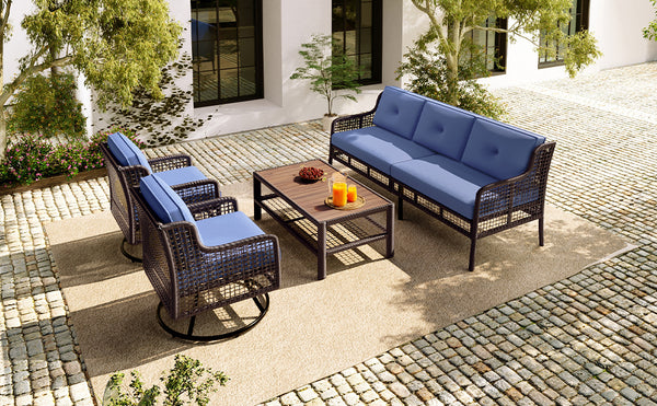 English Elm GO 4 Pieces Outdoor Acacia Wood Sofa Set with Removable Cushions, Woven Armrests & Coffee Table Blue N704G201247C
