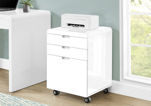 English Elm File Cabinet Glossy White Mobile 3-Drawer on Wheels – Modern MDF Printer Stand with Lockable Drawers and Smooth Glides for Office Organization B2710P221277