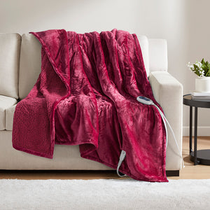 JLA Home Beautyrest - Throw Beautyrest Heated Oversized Microlight Reverse-to-Berber Throw with Secure Comfort Tech, Low EMF, 5-Year Warranty Red BR54-0311