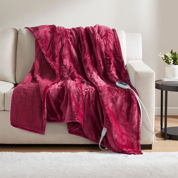 JLA Home Beautyrest - Throw Beautyrest Heated Oversized Microlight Reverse-to-Berber Throw with Secure Comfort Tech, Low EMF, 5-Year Warranty Red BR54-0311