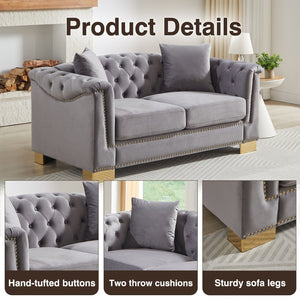 English Elm {video] Chesterfield Two-seater Velvet Sofa with Nailhead Trim and Tufted Gold Leg Luxury Grey W1926S00105