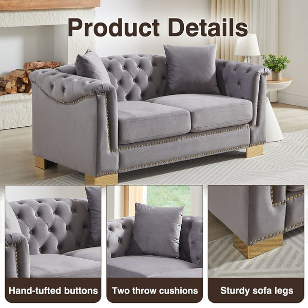 English Elm {video] Chesterfield Two-seater Velvet Sofa with Nailhead Trim and Tufted Gold Leg Luxury Grey W1926S00105