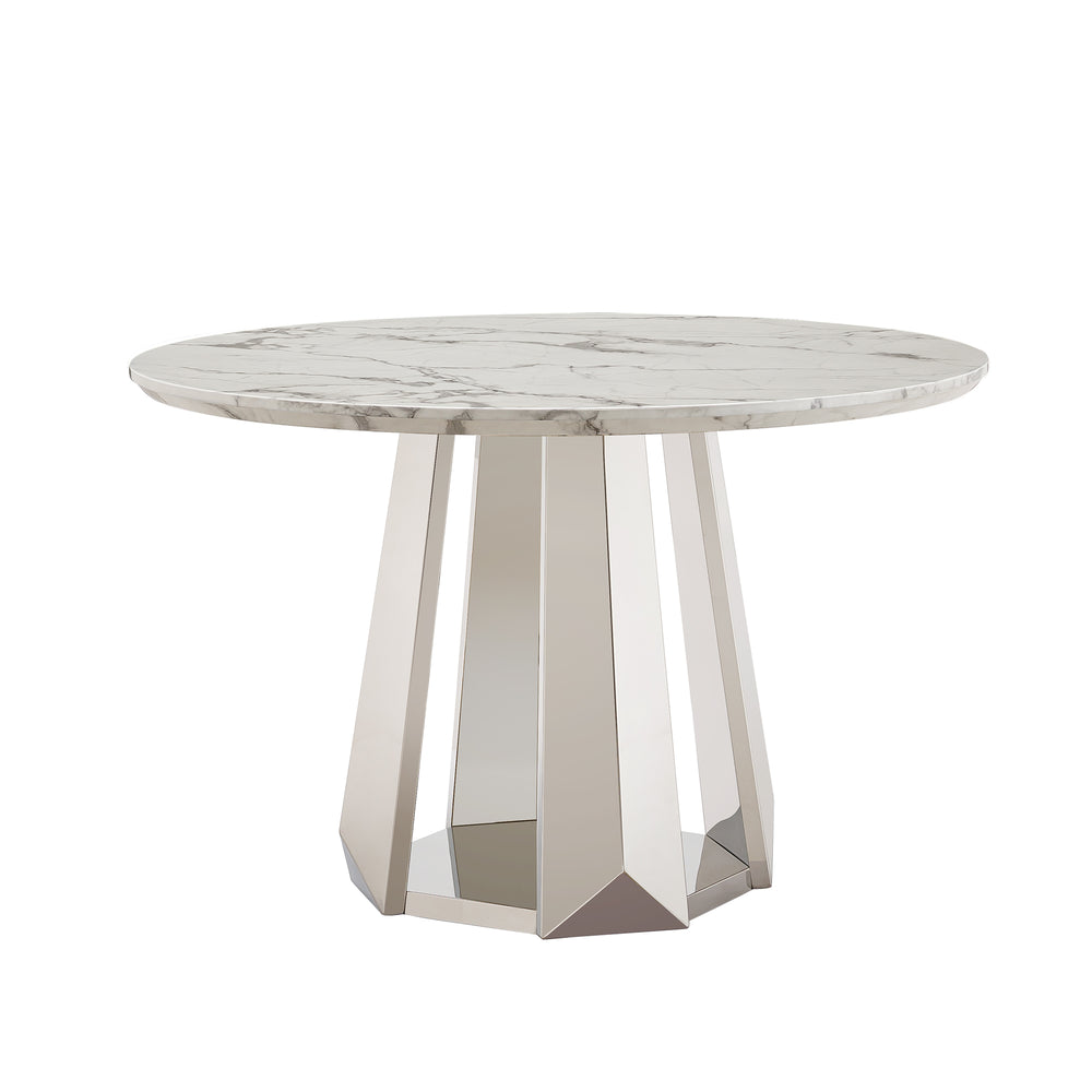 English Elm 47" Round Marble Dining Table - Modern High-Gloss Faux Marble Top With Stainless Steel Base For Style W3456S00007