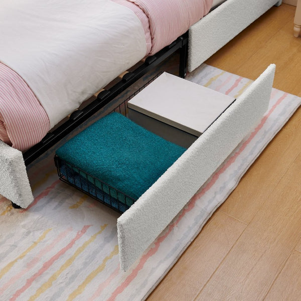 English Elm Twin Kids Boucle Upholstered Bed Rabbit Ear Headboard Led Lighting Four Storage Drawers Beige W1413P384921