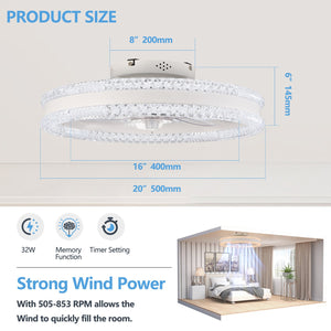 English Elm 20" Luxury Double Ring LED Ceiling Fan with Crystal Flush Mount, Hidden Blades, Dimmable Remote & App Control White W2312P368711