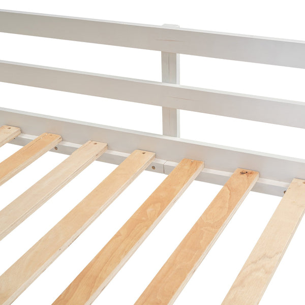 English Elm Wood Twin House Bunk Bed with Roof, Ladder & Slide, Rustic White-Brown Pine Frame, Space-Saving Twin Over Twin Reliable Support GX000345AAK