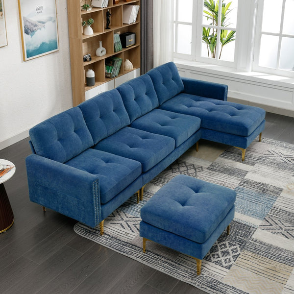English Elm 110" L-Shape Convertible Sectional Sofa with Movable Ottoman, Velvet Upholstery, Space-Saving Modern Design Blue N719S000970C