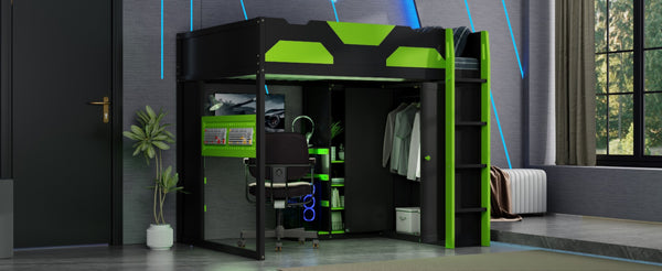 English Elm Full Size Loft Bed with Rgb Lighting Usb Charging Desk Wardrobe and Storage Shelves Green LT000387AAF