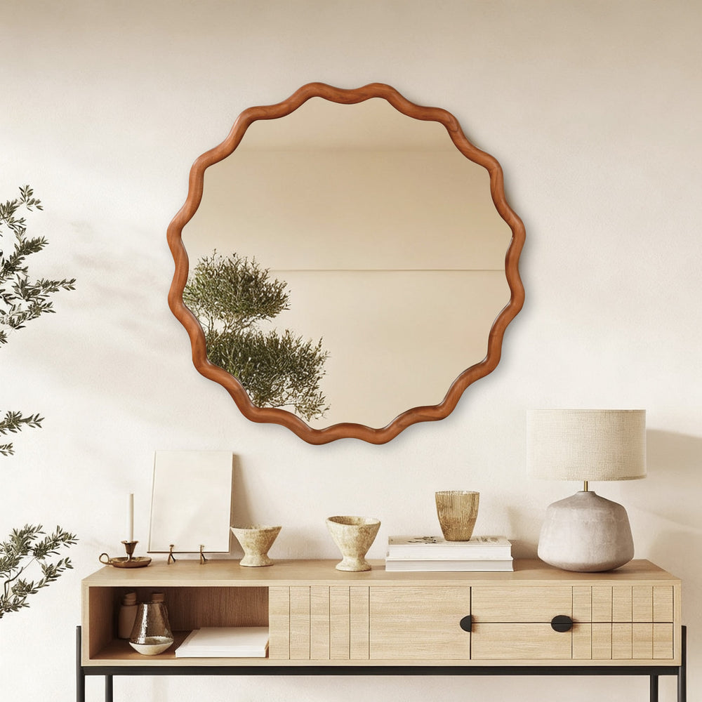 English Elm Yellowish 36in Wavy Round Solid Wood Frame Mirror, Tempered Glass, Rustic Boho Decor for Home W2203P389086