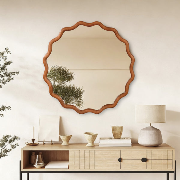 English Elm Yellowish 36in Wavy Round Solid Wood Frame Mirror, Tempered Glass, Rustic Boho Decor for Home W2203P389086