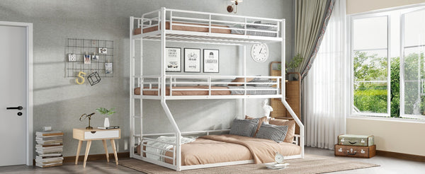 English Elm Twin Triple Metal Bunk Bed Matte Powder Coated Frame with Full Safety Guardrails Light White W1580S00585