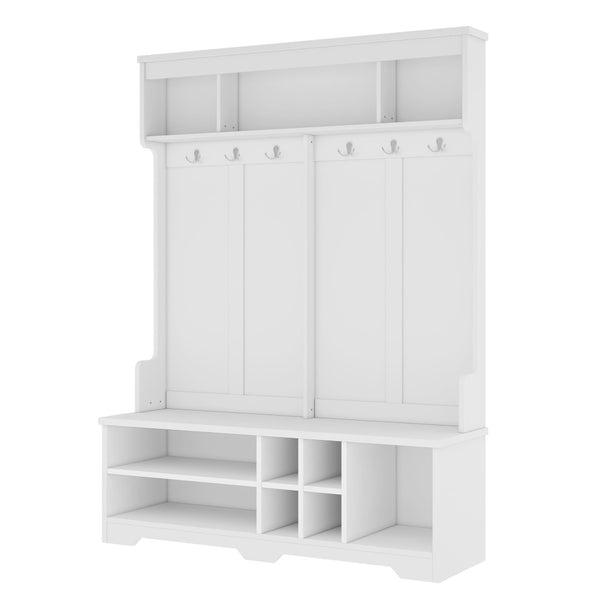 English Elm Modern Entryway Hall Tree with Six Hooks Bench Seat and Open Shoe Cubbies White W1580S00617