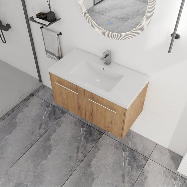 English Elm 36 Inch Floating Bathroom Vanity with Resin Sink, Soft-Close Doors, KD Pack, Modern Storage Design W999P188200
