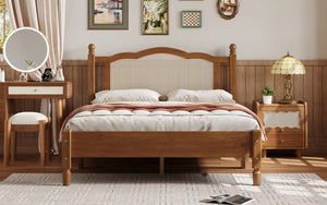 English Elm Full Size Walnut Platform Bed with Arched Rattan Headboard for Coastal Bohemian Rooms N733P180014D