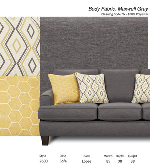 Fusion Maxwell Gray Steed Sofa In Pebble Grey With Reversible Cushions & Elegant Yellow Accents Grey 100% Polyester 2600 Maxwell Gray Dijon Sofa