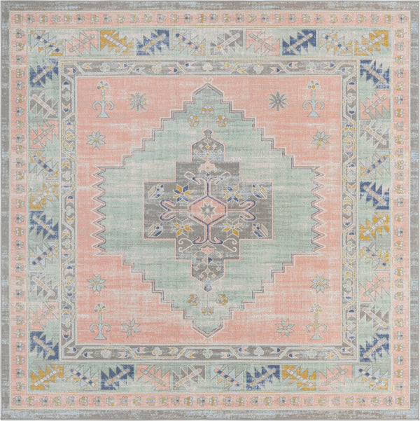 Unique Loom Whitney Geneva Machine Made Border Rug Pink, Blue/Light Blue/Gray 7' 10" x 7' 10"