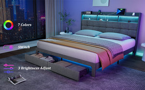 English Elm King LED Upholstered Bed Frame with Storage Headboard, 2 Drawers, Fast Charging Ports & Mood Lights W1550P190366