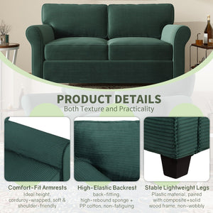 English Elm 57" Corduroy Two Seater Sofa Removable Cushions Solid Wood Frame Compact Living Room Dark Green W2715P433634