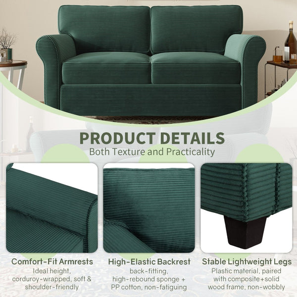 English Elm 57" Corduroy Two Seater Sofa Removable Cushions Solid Wood Frame Compact Living Room Dark Green W2715P433634