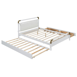 English Elm Queen Upholstered Platform Bed with Trundle & 2 Large Drawers, Padded Headboard, White/Walnut Elegance SF000190AAK