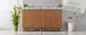 English Elm Modern 48 Inch Freestanding Bathroom Vanity Dual Ceramic Sinks Soft Close Gold Handles N729P000012O